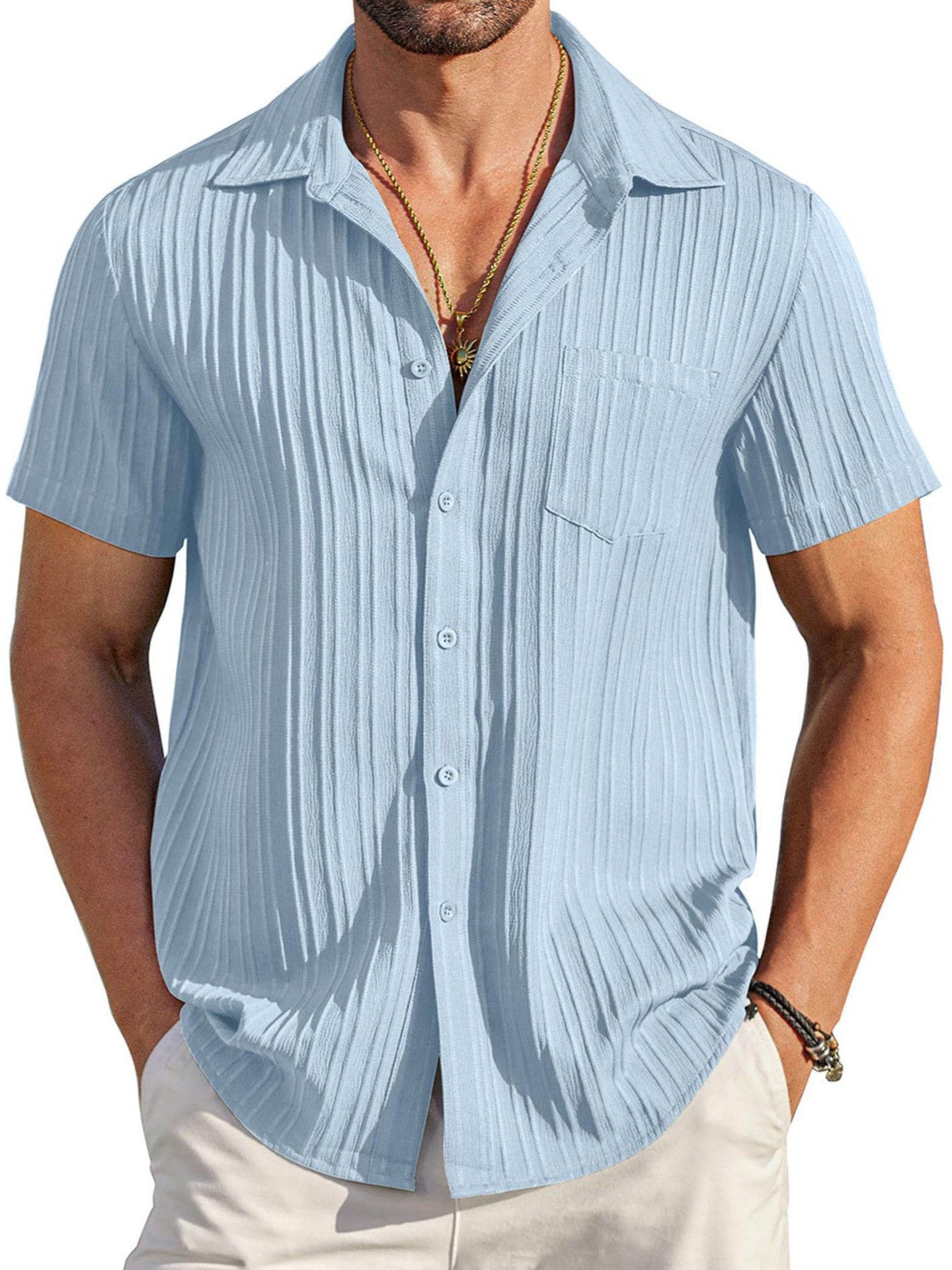 🏆Flash Sale⚡ 80K+ SOLD! Almost Gone-💥Men's Casual Button Down Shirts Short Sleeve Textured Summer Beach Shirt with Pocket