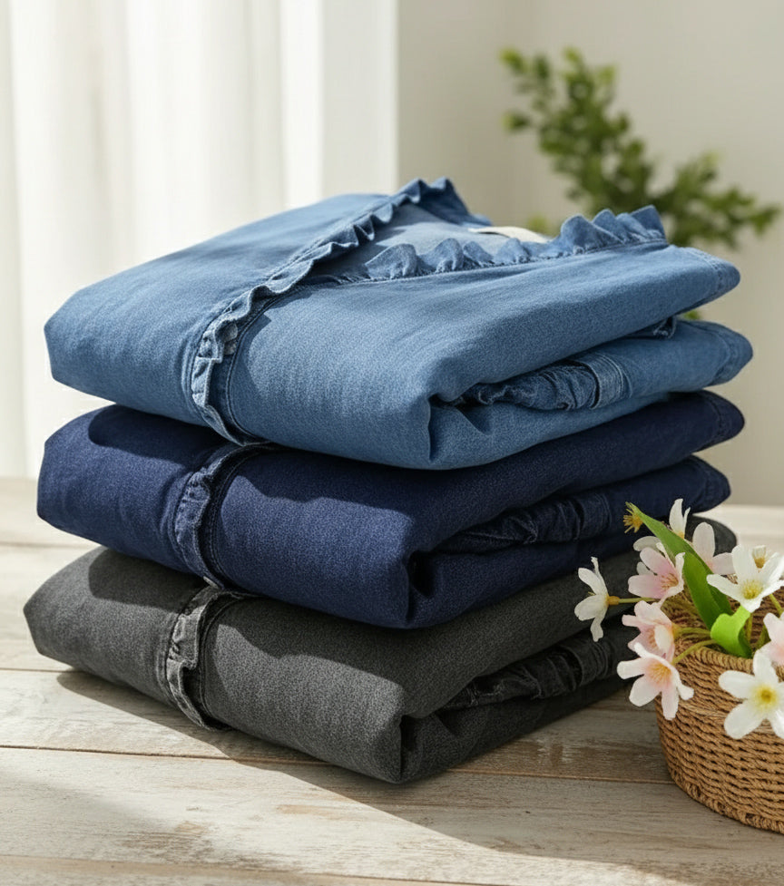Women's Casual Denim V-Neck Ruffled Shirt | Buy 2 Save 5% | Buy 3 Save 10%