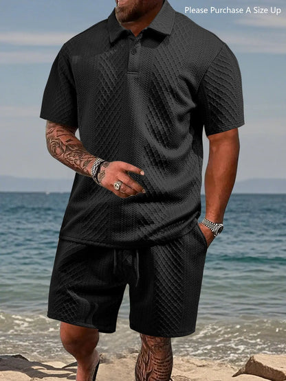 🎁Men's Solid Polo Shirt & Drawstring Waist Shorts Set, Cozy Breathable Two-piece Outfits