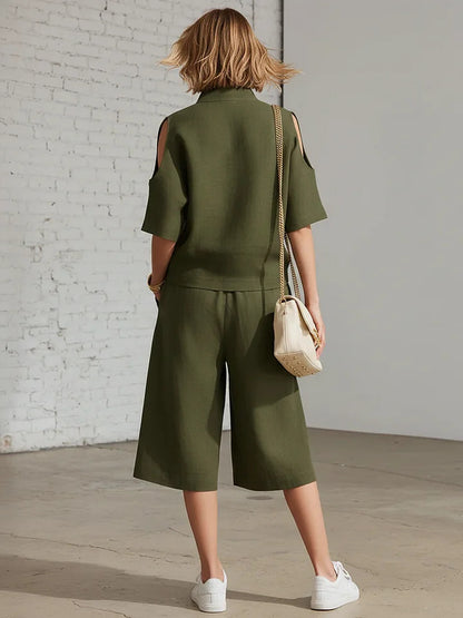 🎁New Arrivals🔥Stand-up Collar Zipper Short-Sleeve Top and Wide-Leg Pants Two-Piece Set