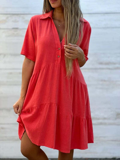 🎁New Arrivals🔥Women's Loose Solid Color Lapel Leisure Short Sleeve Cotton Linen Dress