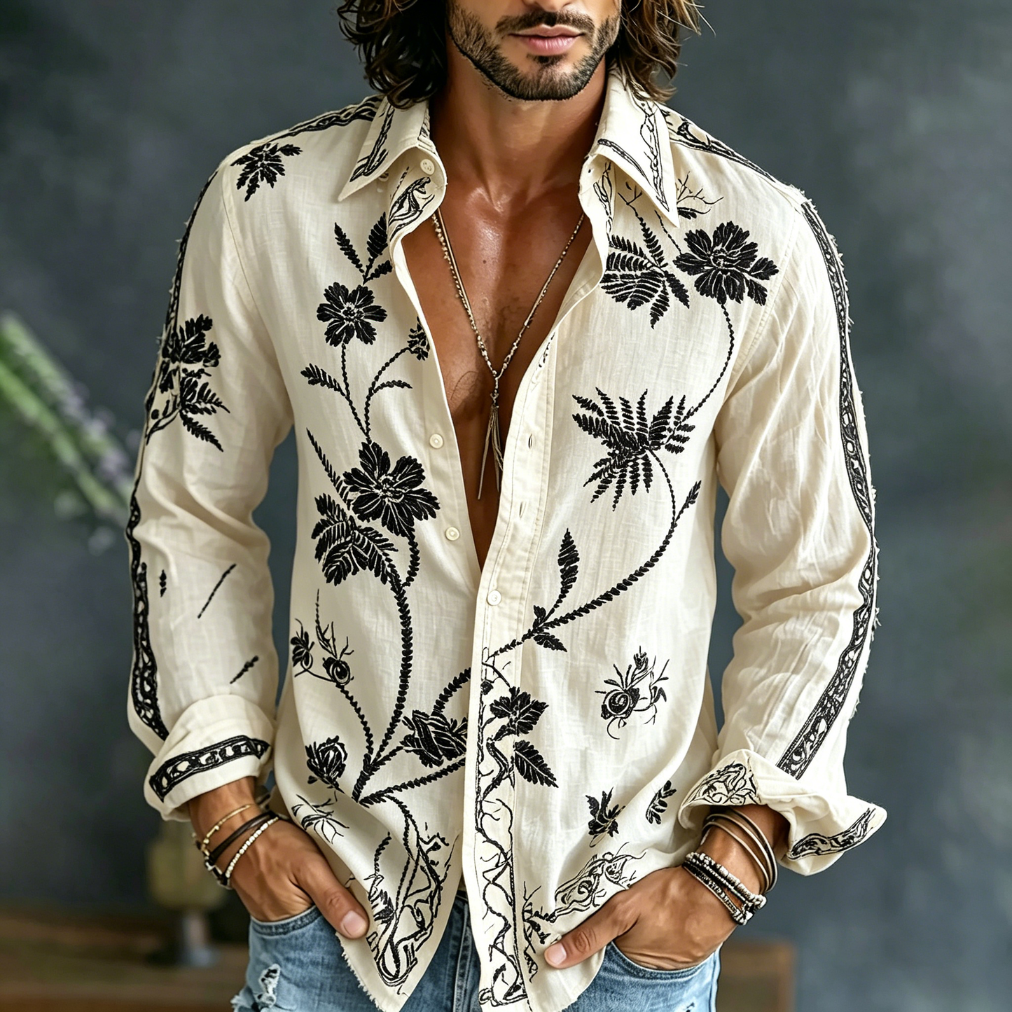 🎁New Arrivals🔥Men's Spring Floral Embroidered Art Print Flowy Linen Blend Casual Shirt