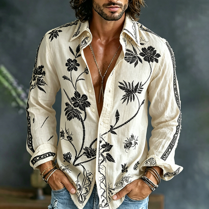 🎁New Arrivals🔥Men's Spring Floral Embroidered Art Print Flowy Linen Blend Casual Shirt