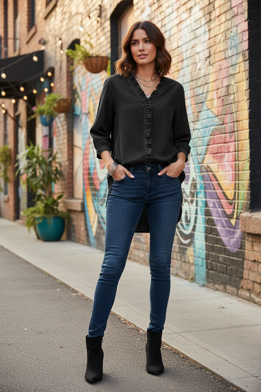 Black Denim Ruffled Shirt - Street Scene