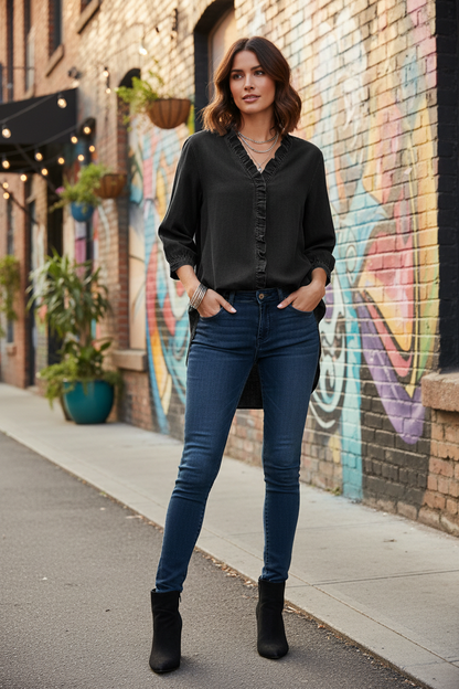 Black Denim Ruffled Shirt - Street Scene