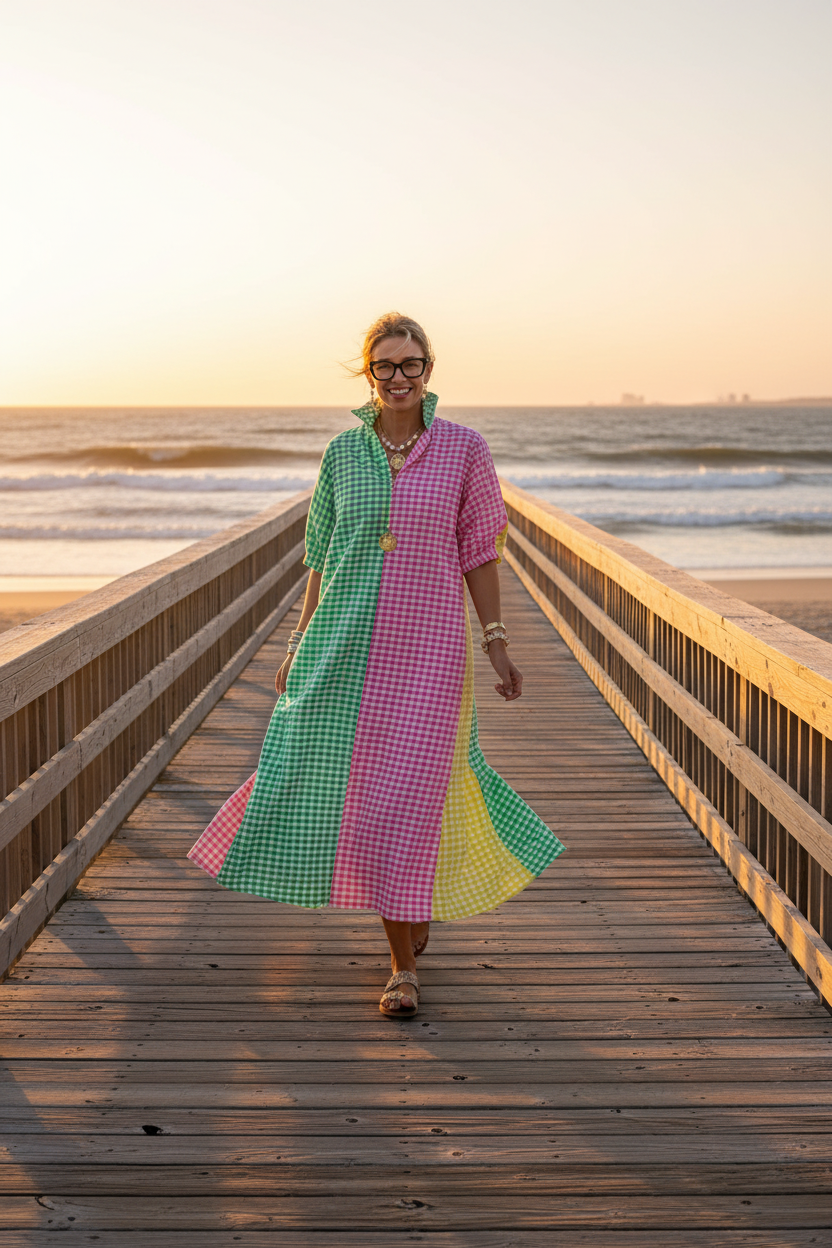 Multi Gingham Midi Dress - Beach Scene
