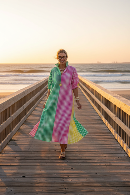 Multi Gingham Midi Dress - Beach Scene