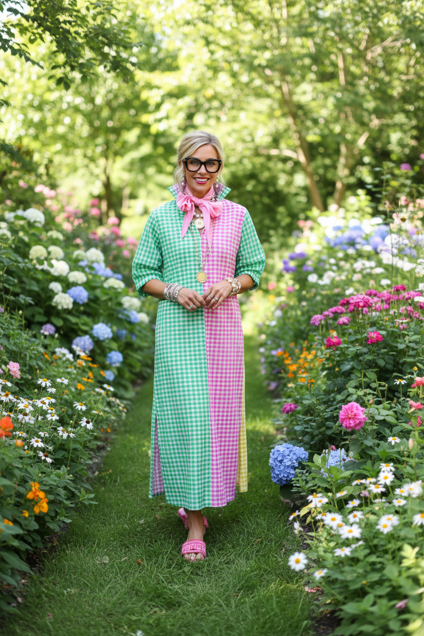 Multi Gingham Midi Dress - Garden Scene