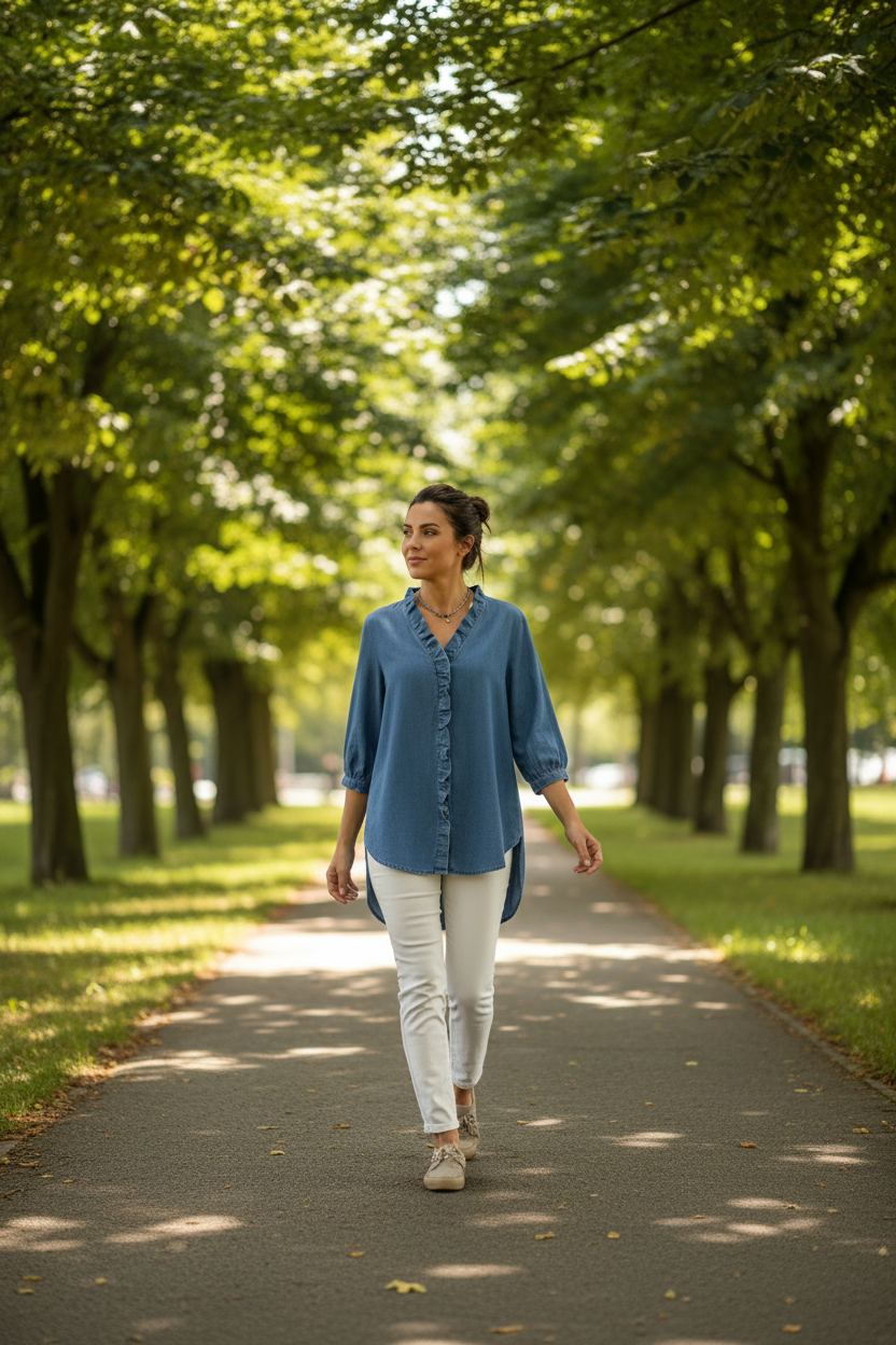 Blue Denim Ruffled Shirt - Park Scene