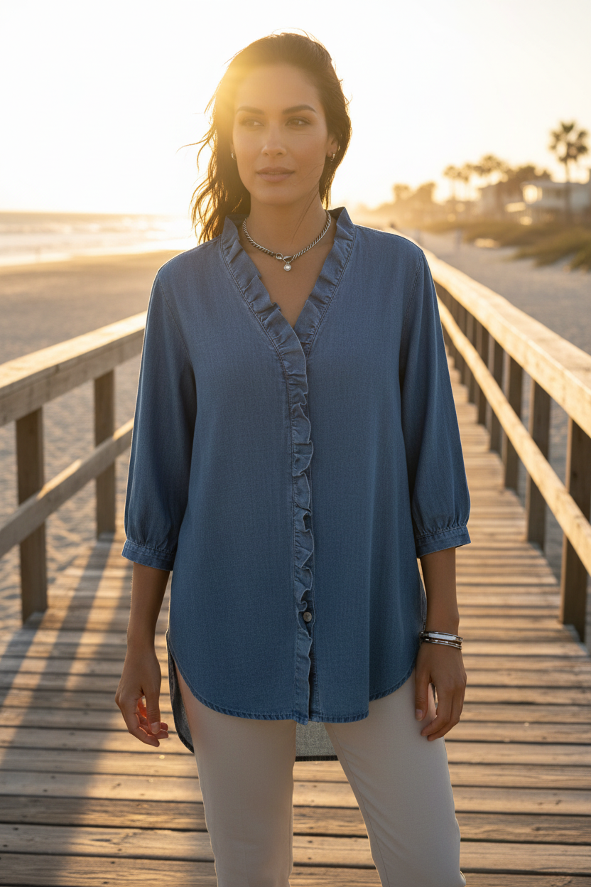 Light Blue Denim Ruffled Shirt - Beach Scene