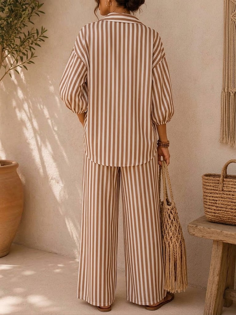🎁Women's Striped Print Cotton-linen Set: Loose-fit Top With Lapel & 3/4 Sleeves, And High-waisted Wide-leg Pants