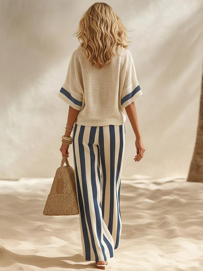 🎁Beige Textured Cotton-linen Color-block Top & Blue-white Striped Elastic Waist Wide-leg Pants Set