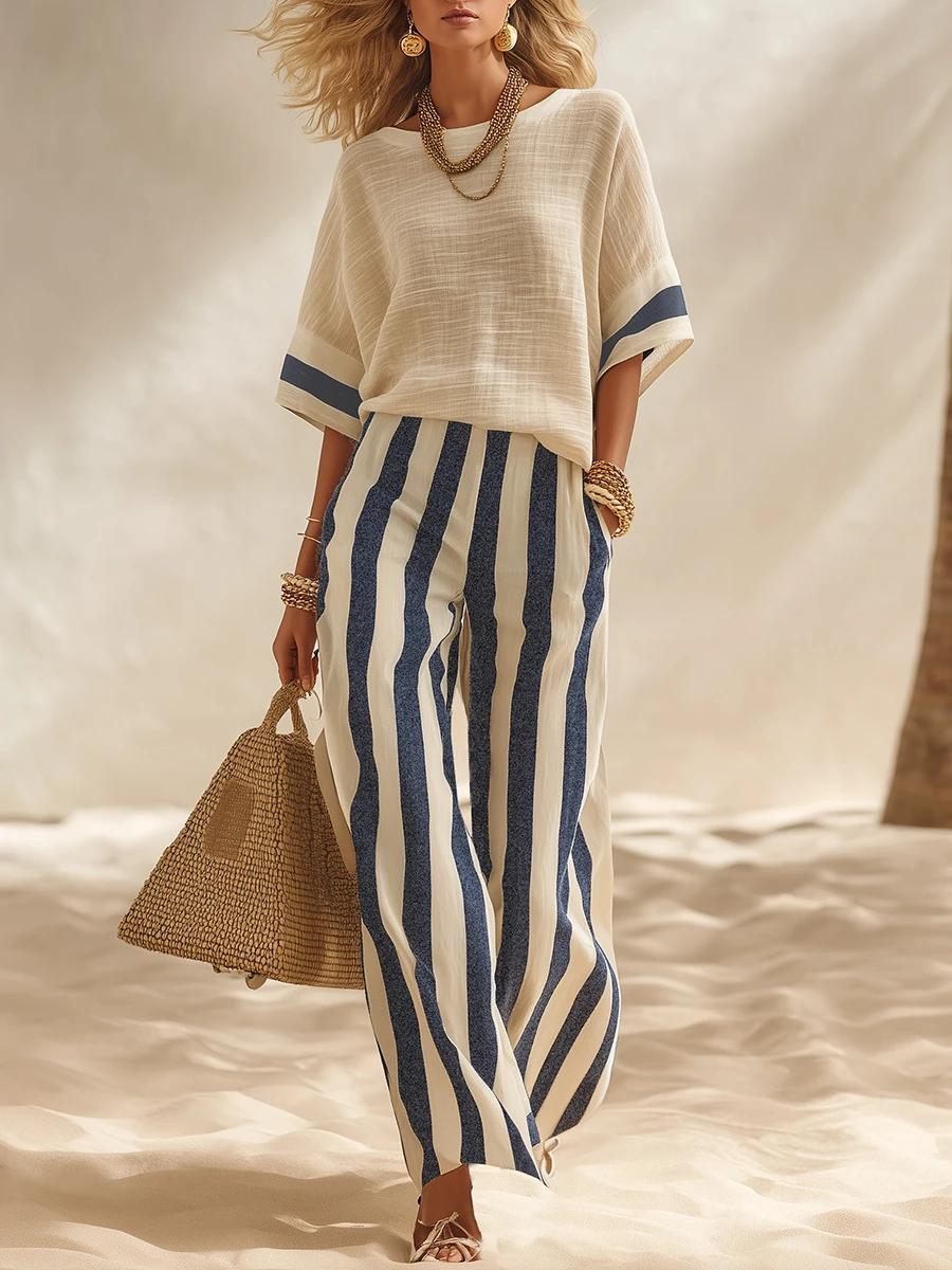 🎁Beige Textured Cotton-linen Color-block Top & Blue-white Striped Elastic Waist Wide-leg Pants Set