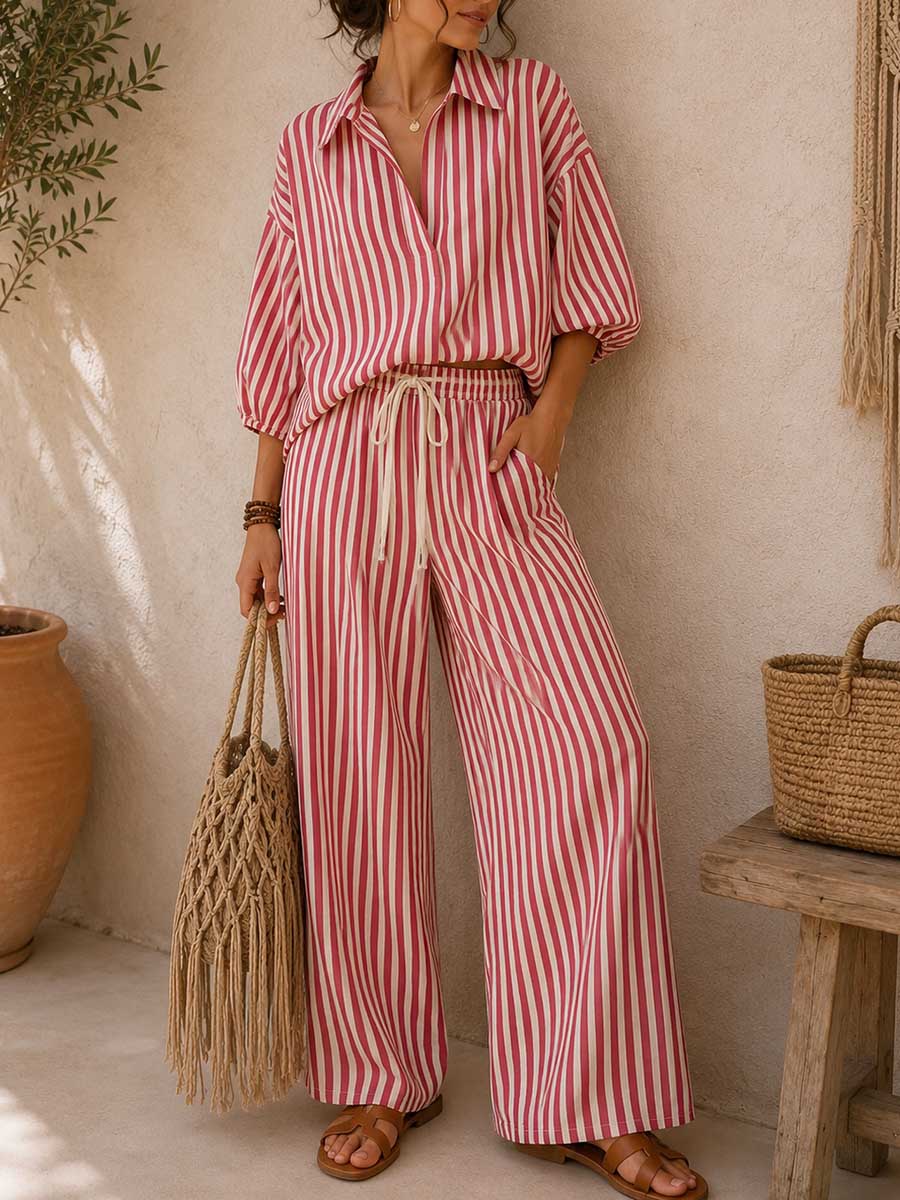🎁Women's Striped Print Cotton-linen Set: Loose-fit Top With Lapel & 3/4 Sleeves, And High-waisted Wide-leg Pants