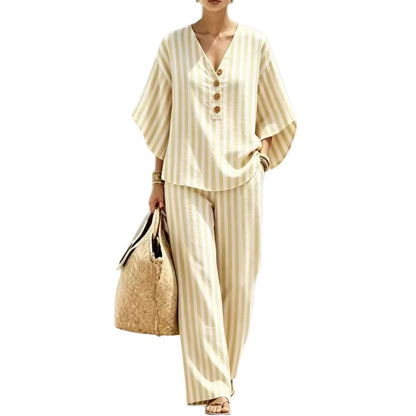 🎁New Arrivals🔥Womens Striped Linen Set 2 Piece V Neck Top Wide Leg Pants Casual Outfit