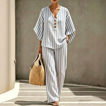 🎁New Arrivals🔥Womens Striped Linen Set 2 Piece V Neck Top Wide Leg Pants Casual Outfit