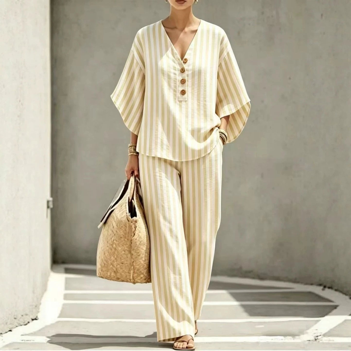 🎁New Arrivals🔥Womens Striped Linen Set 2 Piece V Neck Top Wide Leg Pants Casual Outfit
