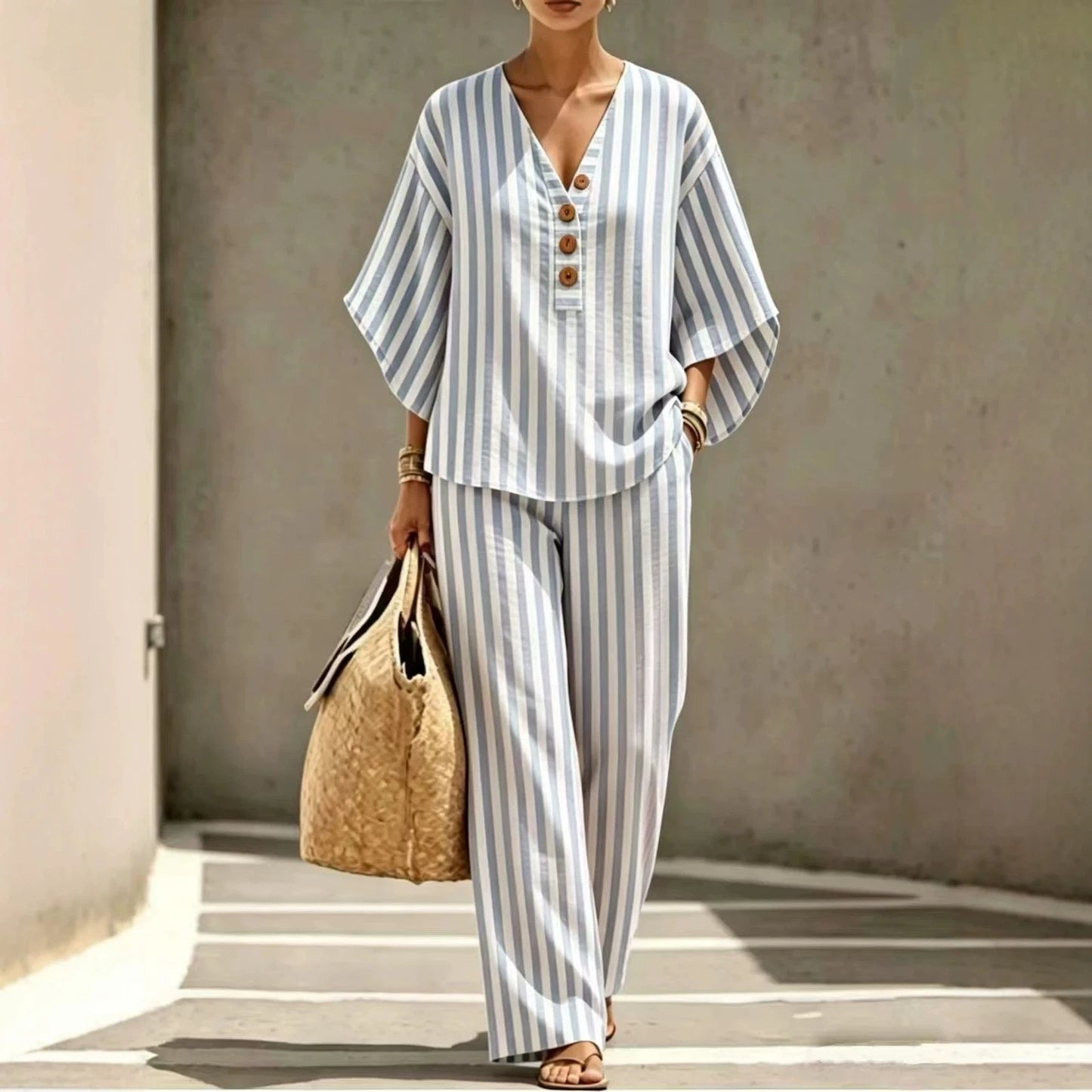 🎁New Arrivals🔥Womens Striped Linen Set 2 Piece V Neck Top Wide Leg Pants Casual Outfit