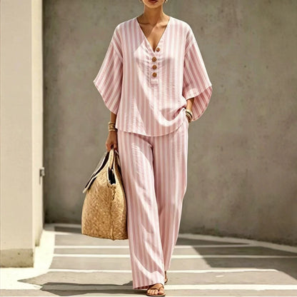 🎁New Arrivals🔥Womens Striped Linen Set 2 Piece V Neck Top Wide Leg Pants Casual Outfit