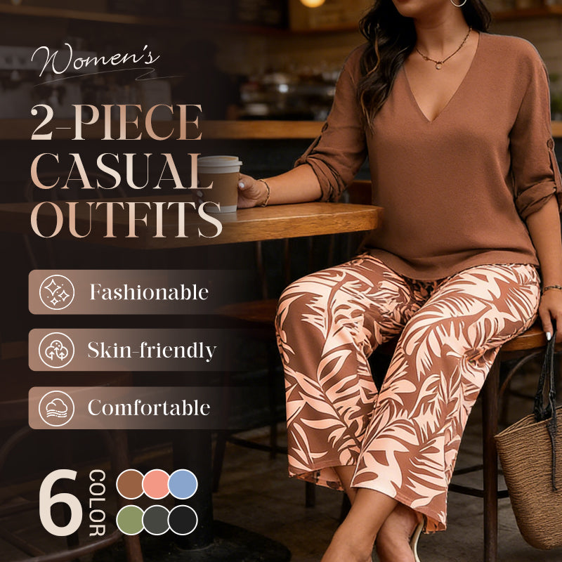 🌸 Women's V-Neck Blouse & Printed Wide-Leg Pants Set