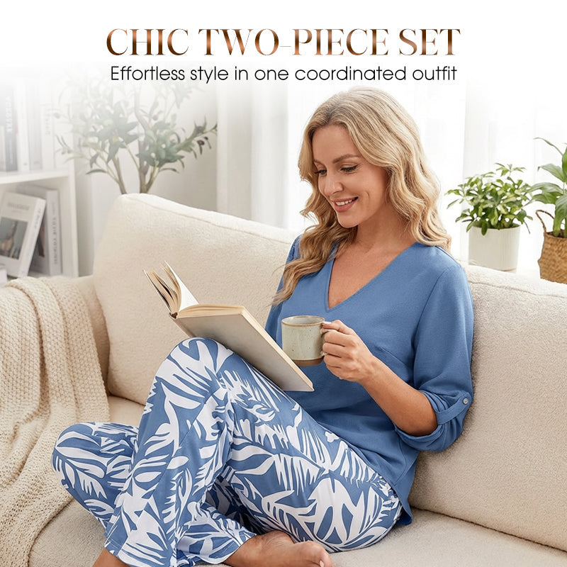 🌸 Women's V-Neck Blouse & Printed Wide-Leg Pants Set