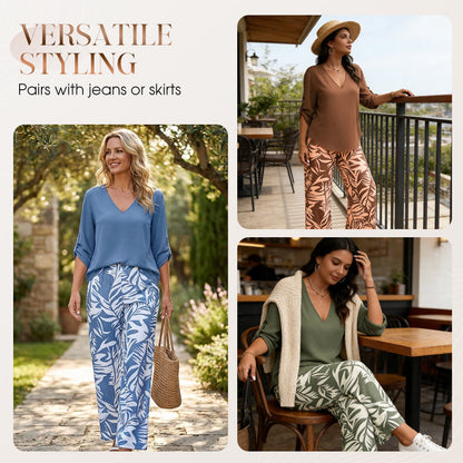 🌸 Women's V-Neck Blouse & Printed Wide-Leg Pants Set