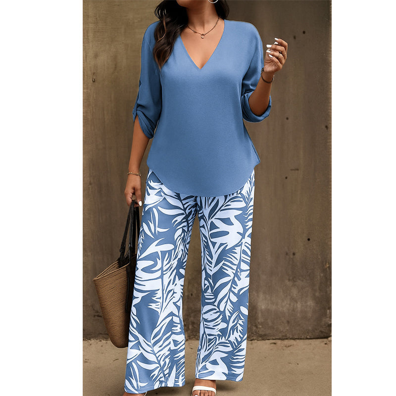 🌸 Women's V-Neck Blouse & Printed Wide-Leg Pants Set