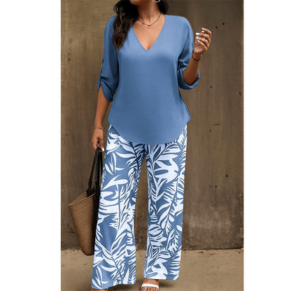 🌸 Women's V-Neck Blouse & Printed Wide-Leg Pants Set