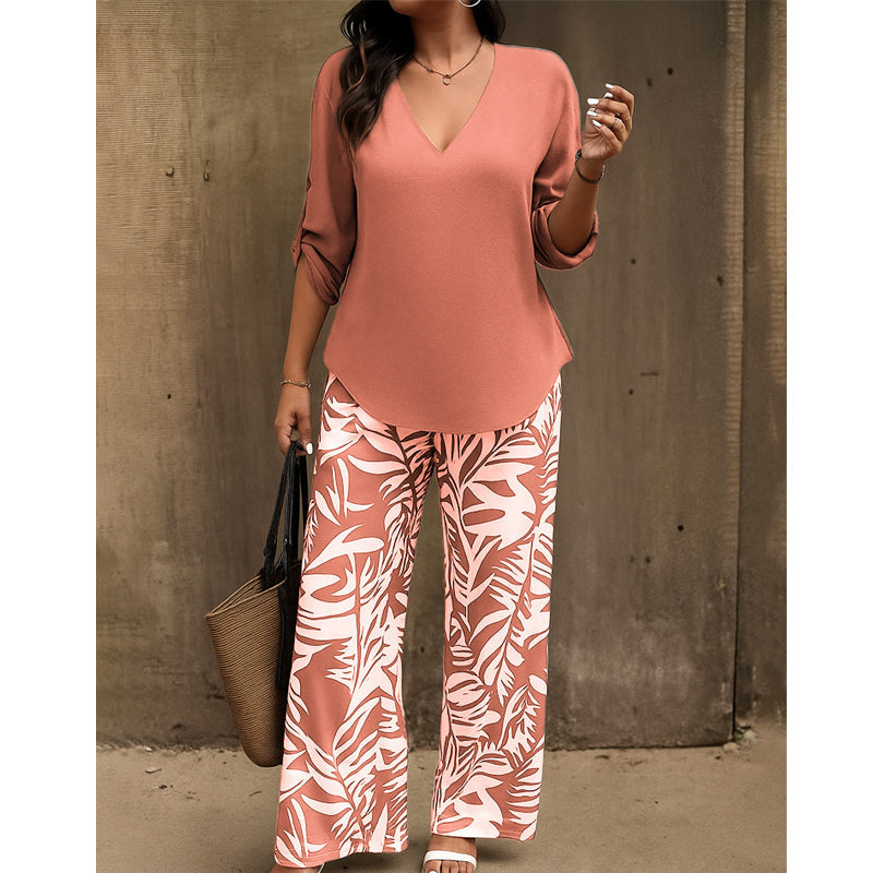 🌸 Women's V-Neck Blouse & Printed Wide-Leg Pants Set