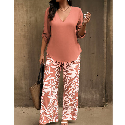 🌸 Women's V-Neck Blouse & Printed Wide-Leg Pants Set