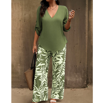 🌸 Women's V-Neck Blouse & Printed Wide-Leg Pants Set