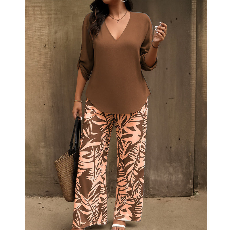 🌸 Women's V-Neck Blouse & Printed Wide-Leg Pants Set