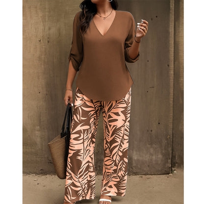 🌸 Women's V-Neck Blouse & Printed Wide-Leg Pants Set