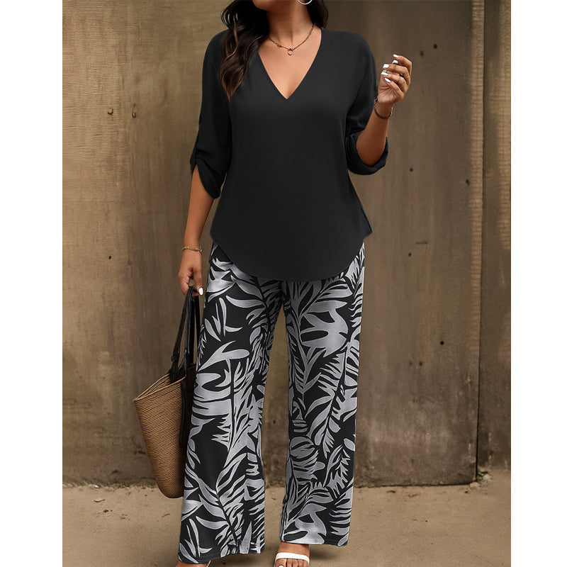 🌸 Women's V-Neck Blouse & Printed Wide-Leg Pants Set