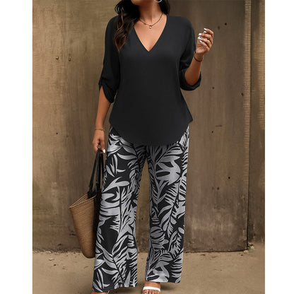🌸 Women's V-Neck Blouse & Printed Wide-Leg Pants Set