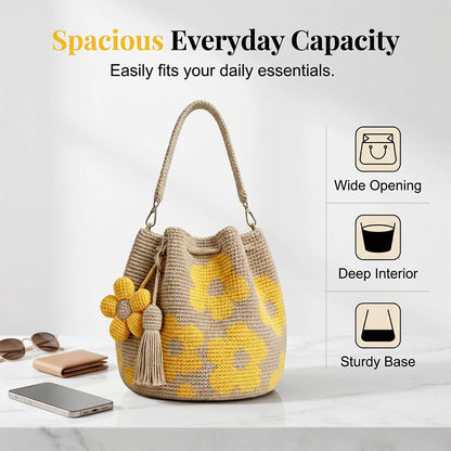 🌼Handmade Gehaakte Dames Bucketbag met Bloemenmotief