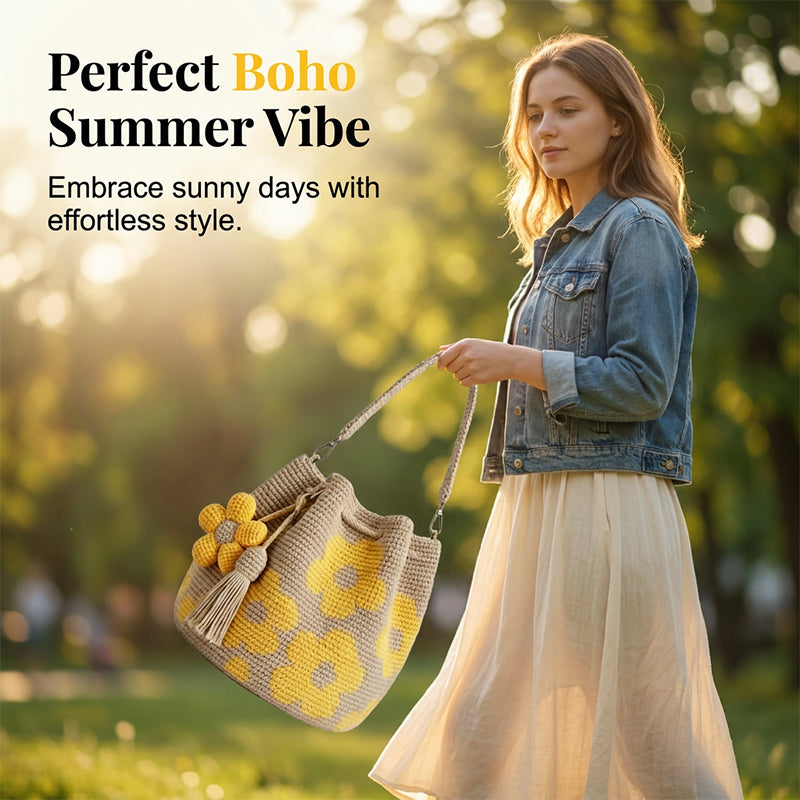 🌼Handmade Gehaakte Dames Bucketbag met Bloemenmotief