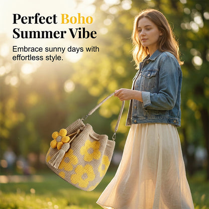 🌼Handmade Gehaakte Dames Bucketbag met Bloemenmotief