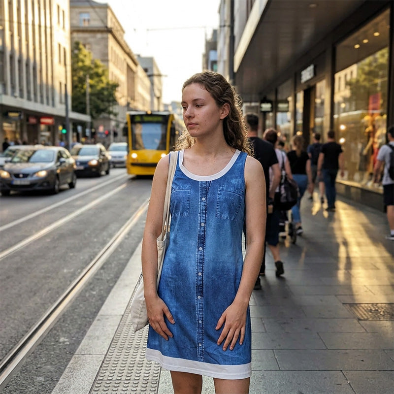 ⏳Time-Limited Special⏰Women's Faux Two-Piece Denim Print Dress