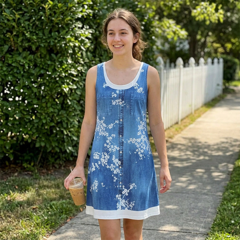 ⏳Time-Limited Special⏰Women's Faux Two-Piece Denim Print Dress