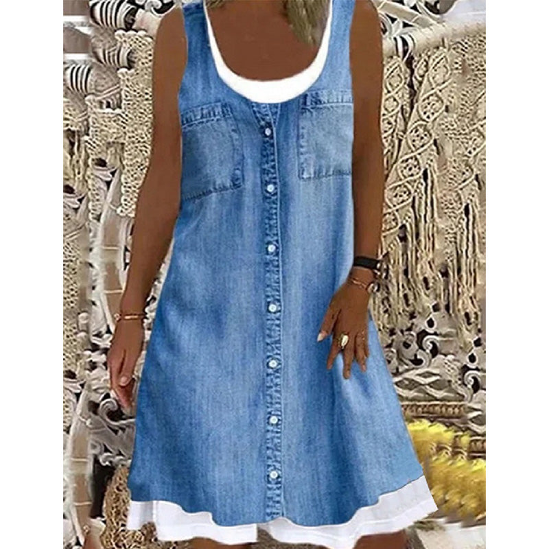 ⏳Time-Limited Special⏰Women's Faux Two-Piece Denim Print Dress
