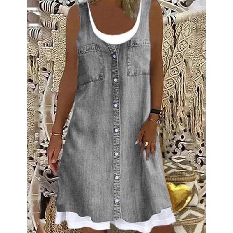 ⏳Time-Limited Special⏰Women's Faux Two-Piece Denim Print Dress