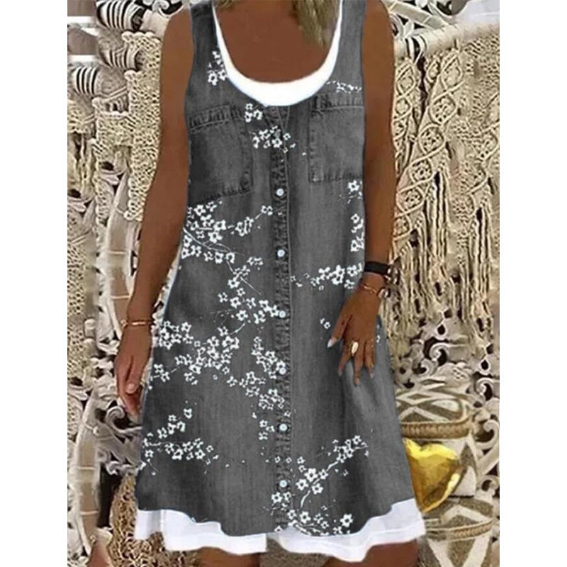 ⏳Time-Limited Special⏰Women's Faux Two-Piece Denim Print Dress