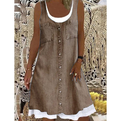 ⏳Time-Limited Special⏰Women's Faux Two-Piece Denim Print Dress
