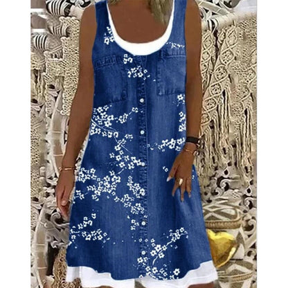 ⏳Time-Limited Special⏰Women's Faux Two-Piece Denim Print Dress