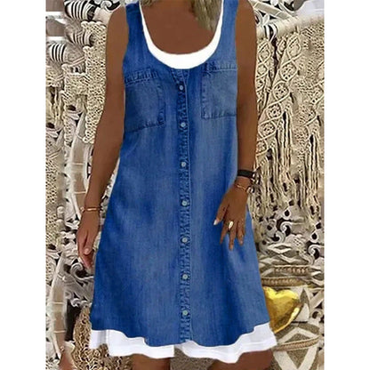⏳Time-Limited Special⏰Women's Faux Two-Piece Denim Print Dress