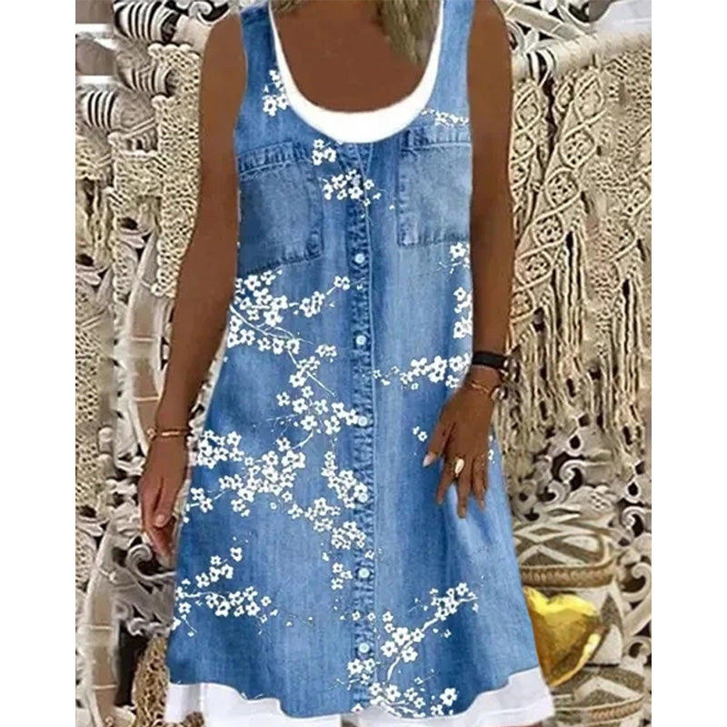 ⏳Time-Limited Special⏰Women's Faux Two-Piece Denim Print Dress