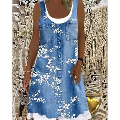 ⏳Time-Limited Special⏰Women's Faux Two-Piece Denim Print Dress